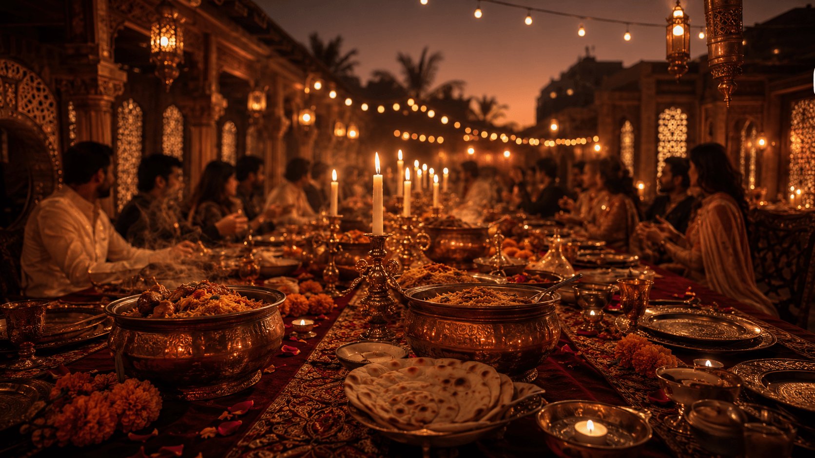 A warm group dinner moment around a Poet table, candlelight and shared dishes