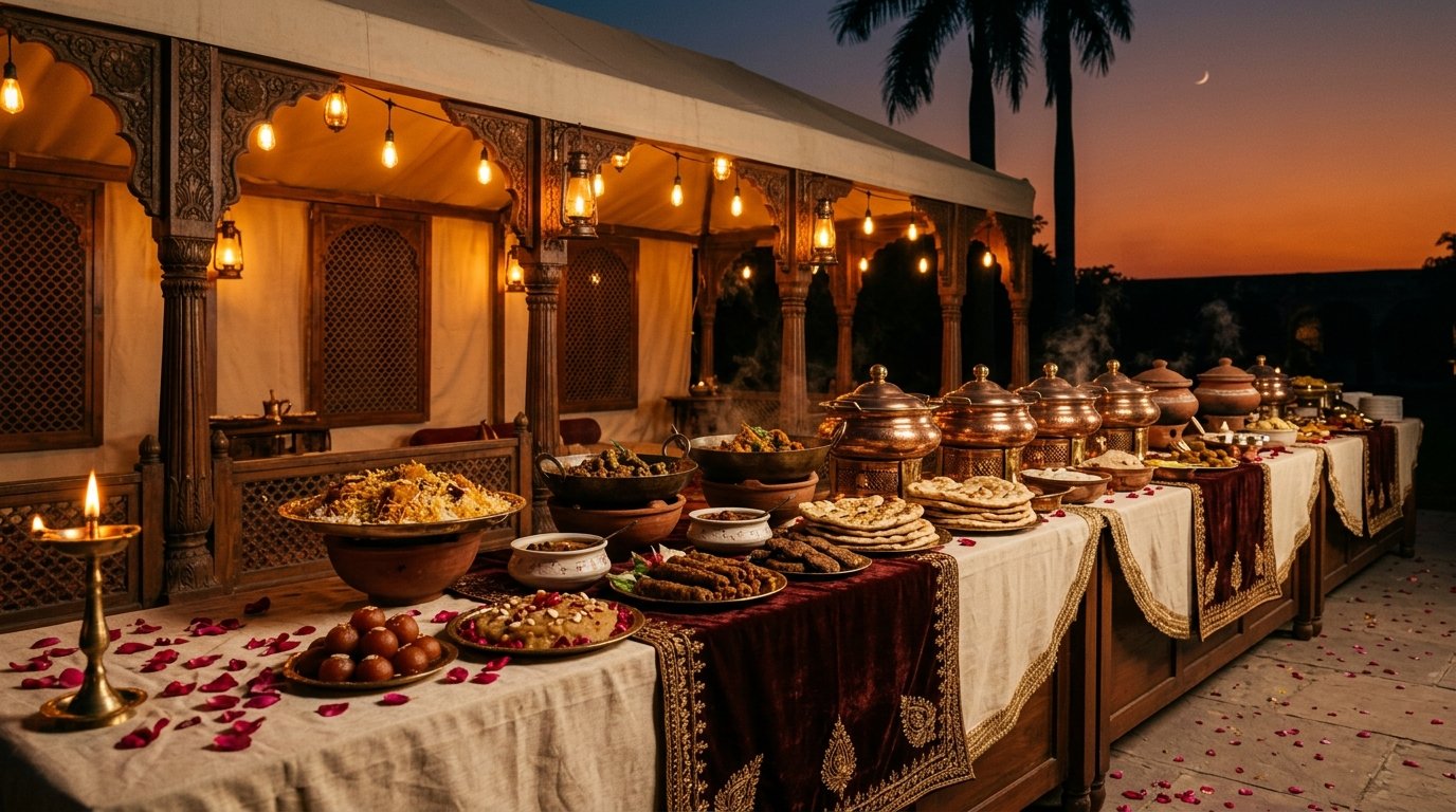 Live outdoor catering setup with chefs, brass serveware and elegant buffet line