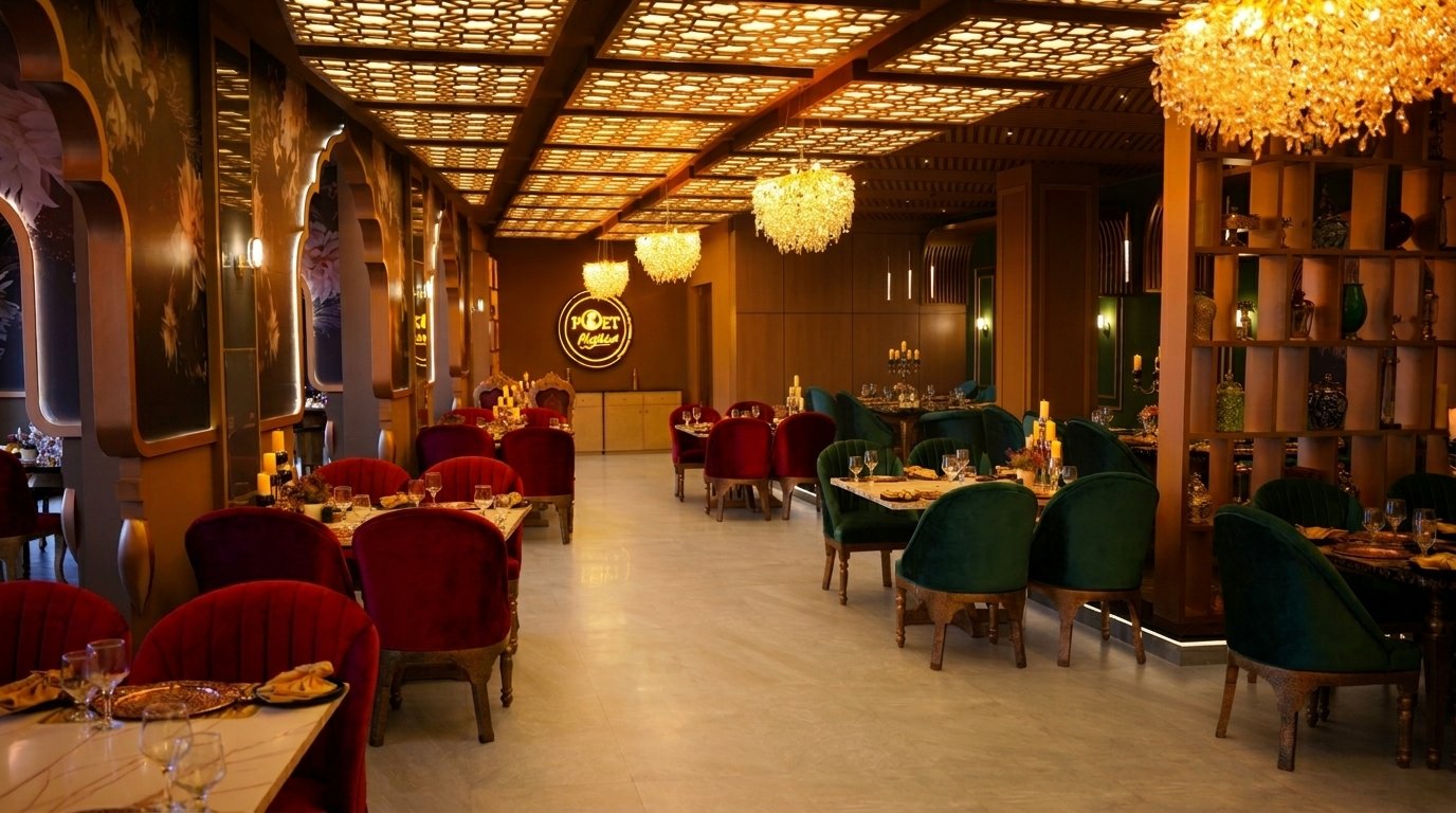 Poet Mughlai indoor fine dining interior with warm candlelight and copper serveware