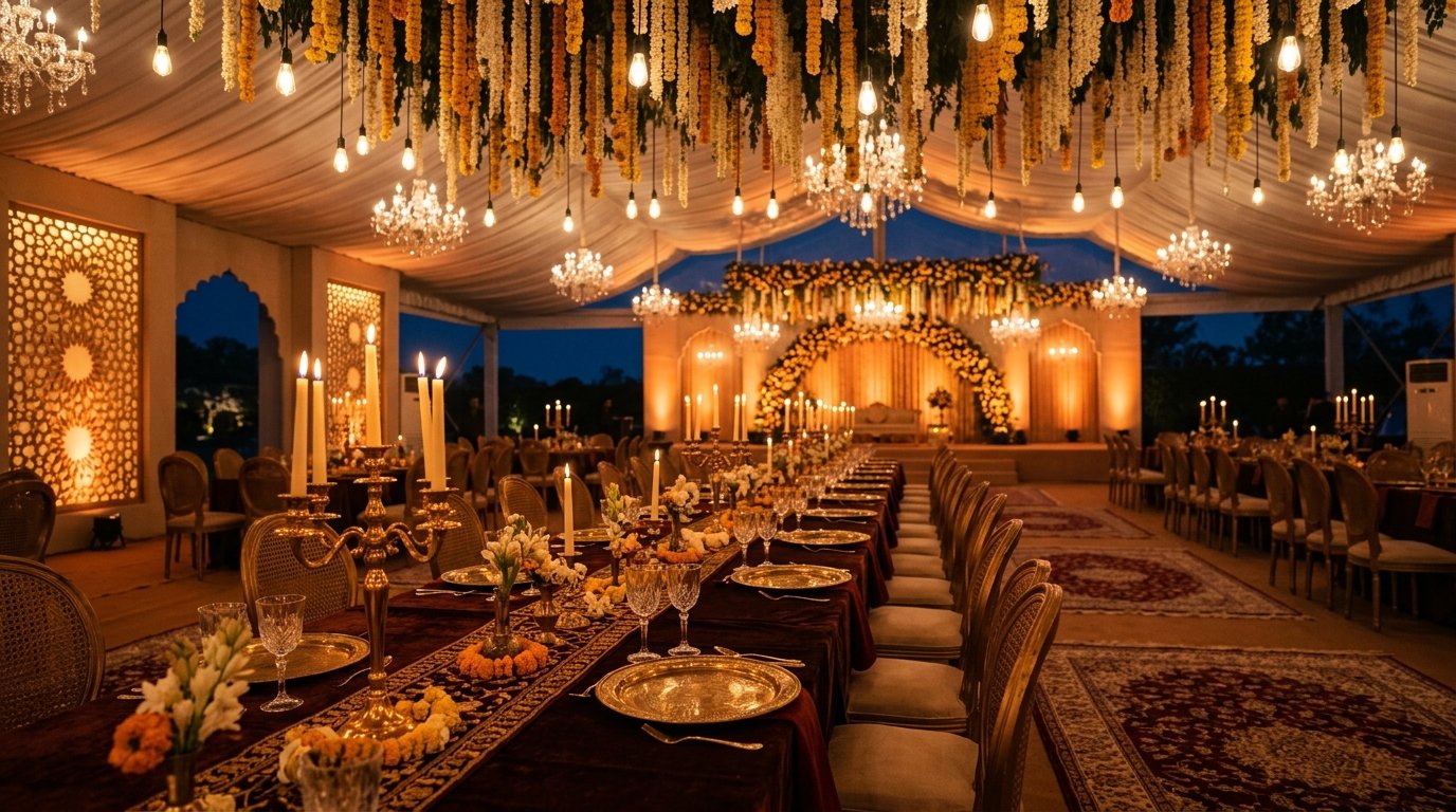 Opulent wedding marquee interior with chandeliers, white drapery and floral arrangements