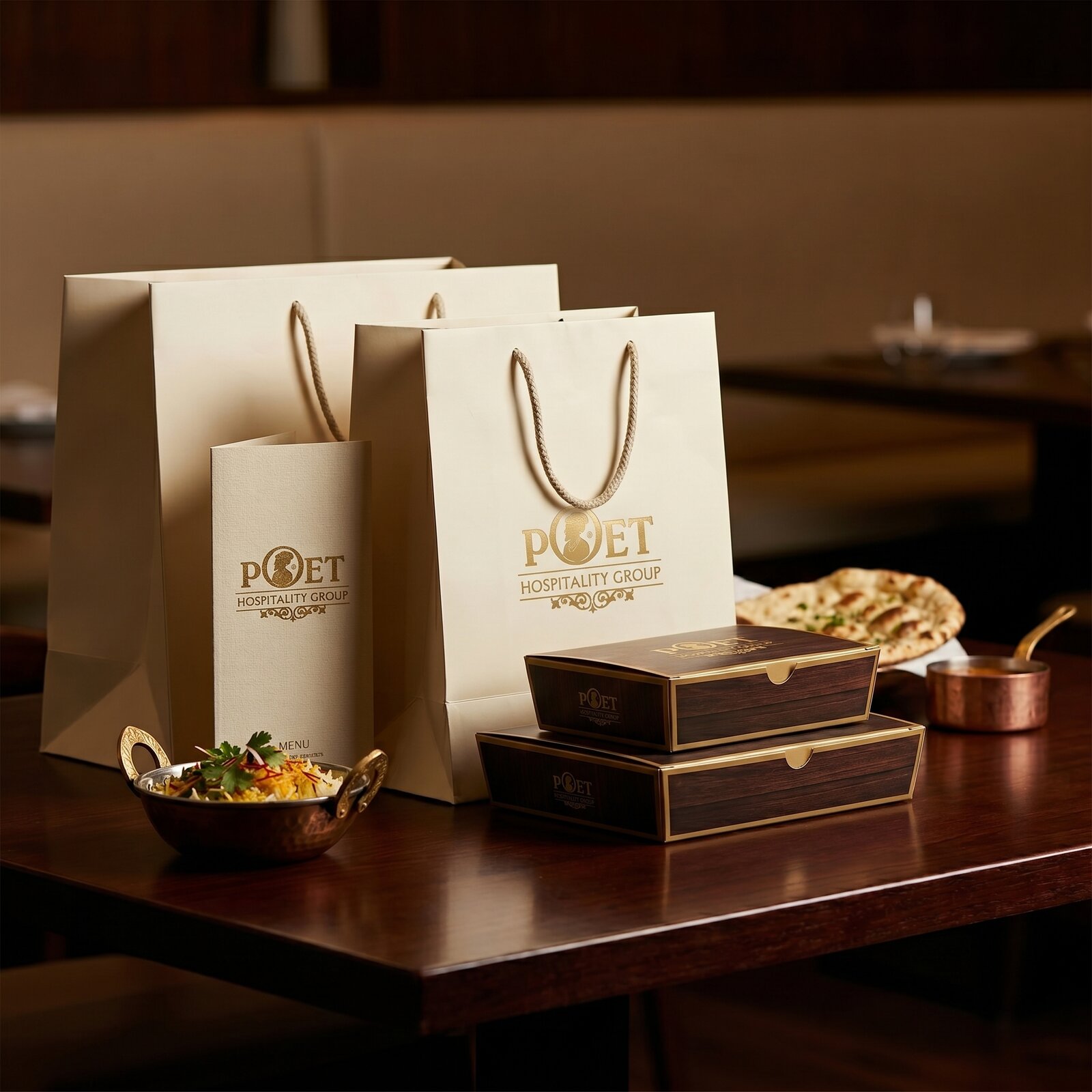 Editorial photograph of Poet takeaway packaging on a warm wooden surface